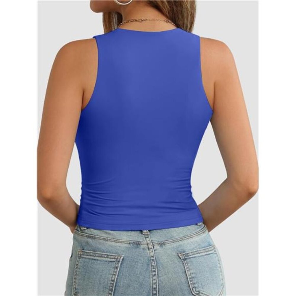 Women's Double Lined Crop Tank Tops Casual Basic Shirts Sleeveless Blue - Picture 3 of 6